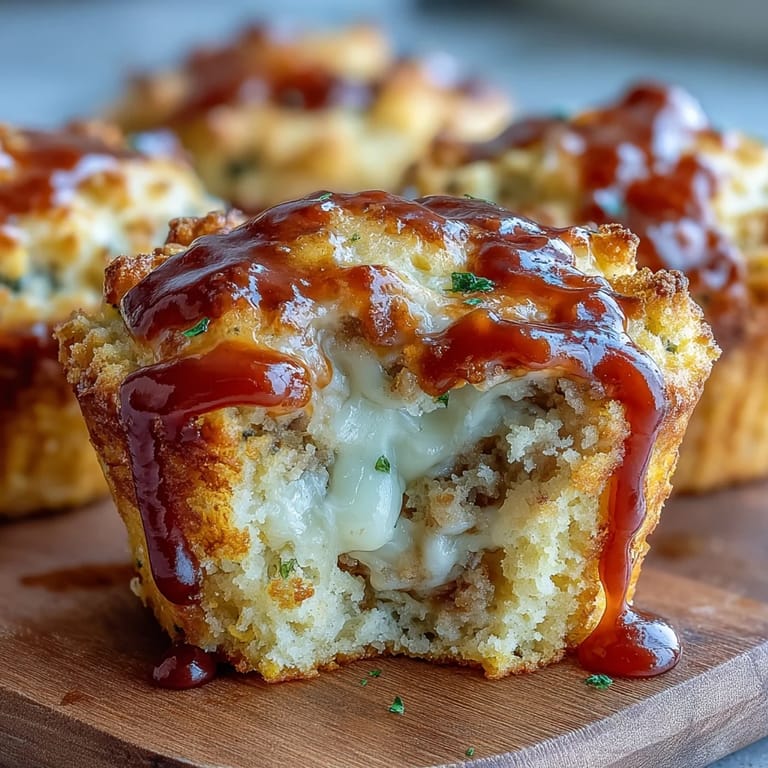 Golden, tender cornbread muffins swirled with sweet barbecue sauce and sharp cheddar, ideal for BBQ parties or potlucks.
