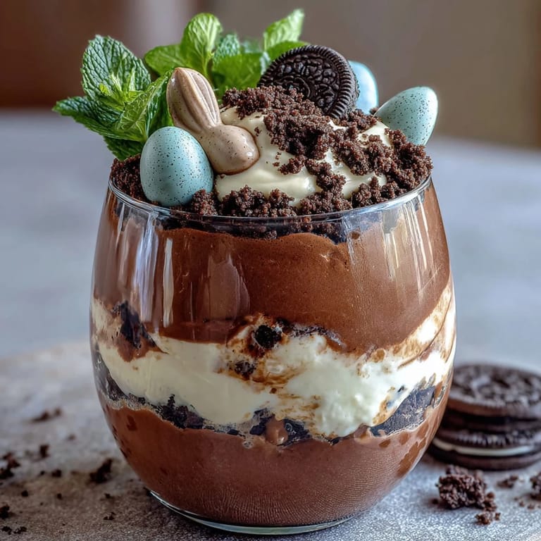 Easter Bunny Dirt Cups with Chocolate Pudding and Oreos: fun and easy Easter dessert cups with rich chocolate pudding, Oreo "dirt," and festive bunny decorations, great for kids' parties.