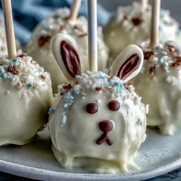 Festive cake pops shaped like Easter bunnies, dipped in smooth white chocolate and adorned with candy details, perfect for holiday parties.