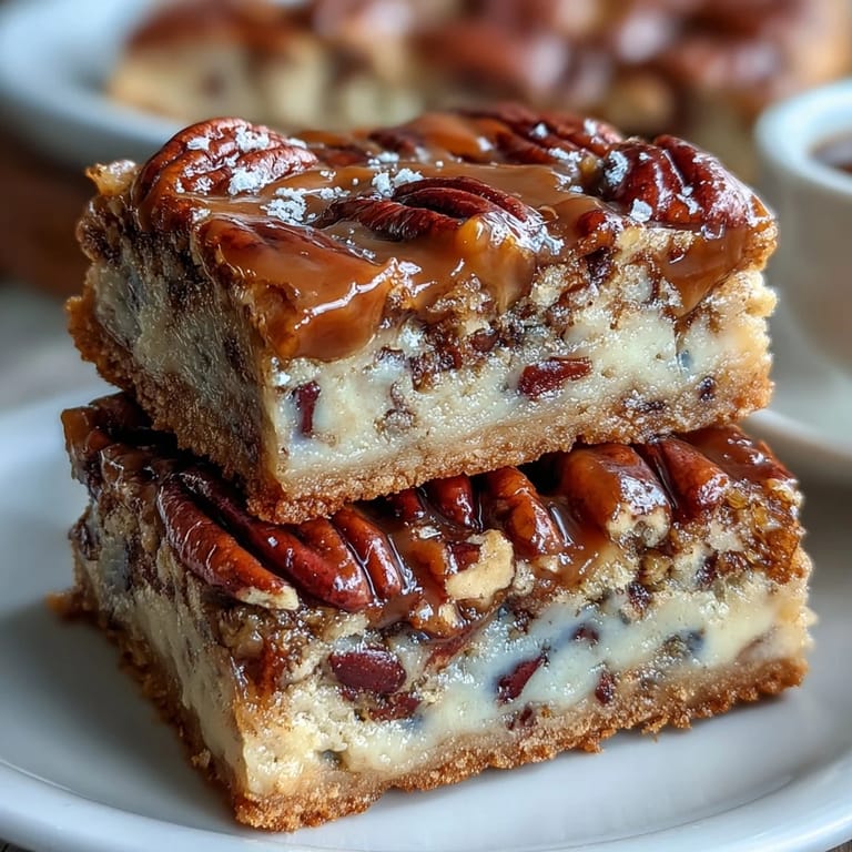 Buttery brown sugar shortbread crust topped with gooey bourbon-kissed pecan filling, baked to perfection and sliced into neat squares for a classic Derby Day treat.