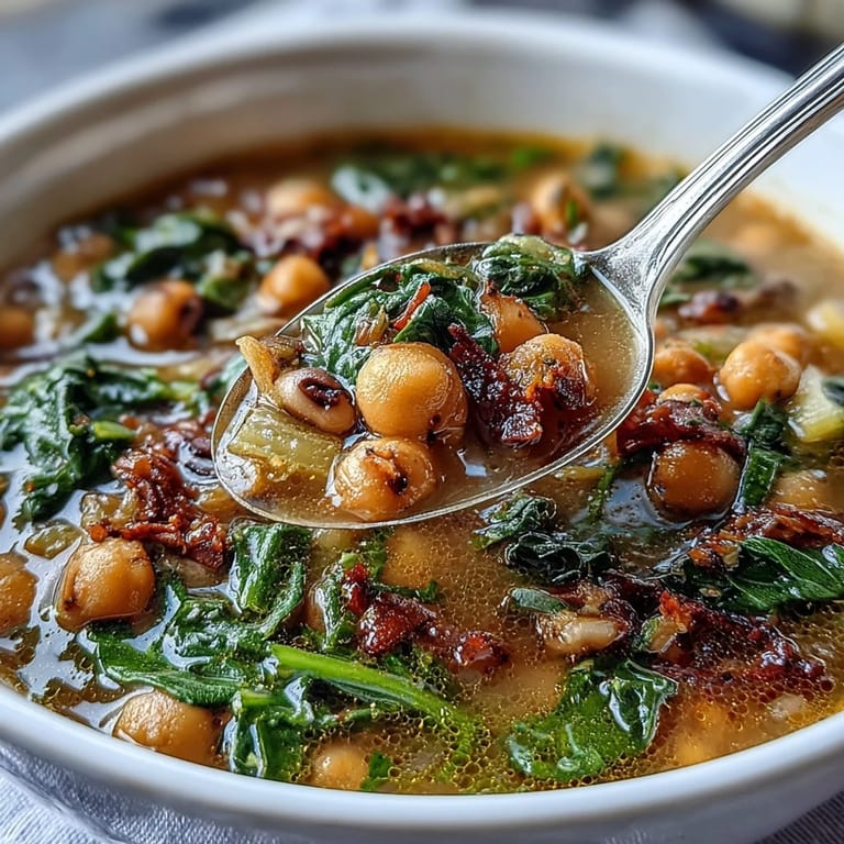 Close-up of soul food black-eyed pea and collard green stew, showcasing tender beans, wilted greens, and a savory, smoky aroma.