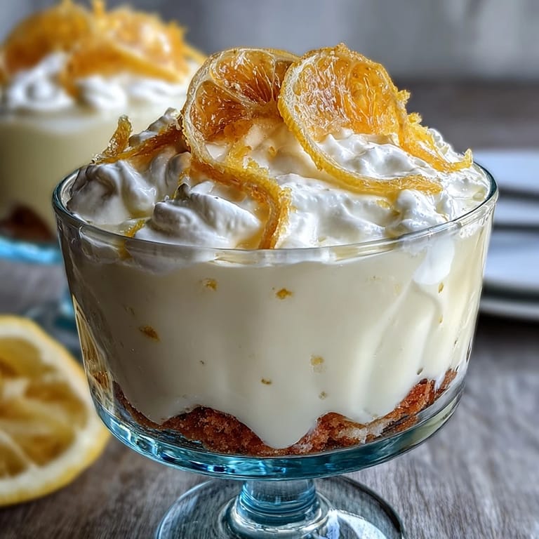 Bright lemon mousse topped with golden shortbread crumble in elegant glasses, offering a refreshing citrus treat.