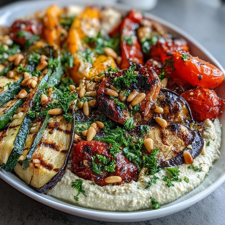 Vibrant grilled veggie platter with homemade hummus, showcasing smoky zucchini, bell peppers, and eggplant alongside a creamy chickpea dip.