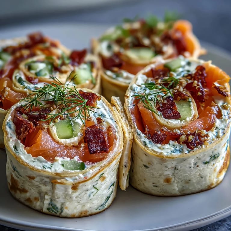 Creamy dill-infused cheese spread over tortillas, topped with smoked salmon and crisp cucumber, rolled into beautiful pinwheels.