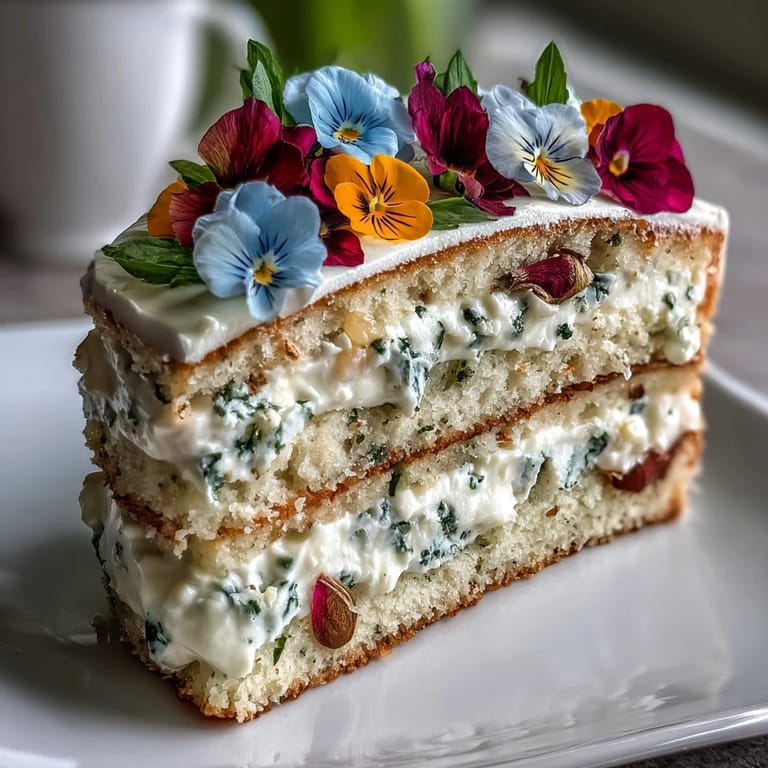 Whipped cream-frosted spring cake with pressed edible flowers and lemon curd, perfect for seasonal celebrations and garden parties.