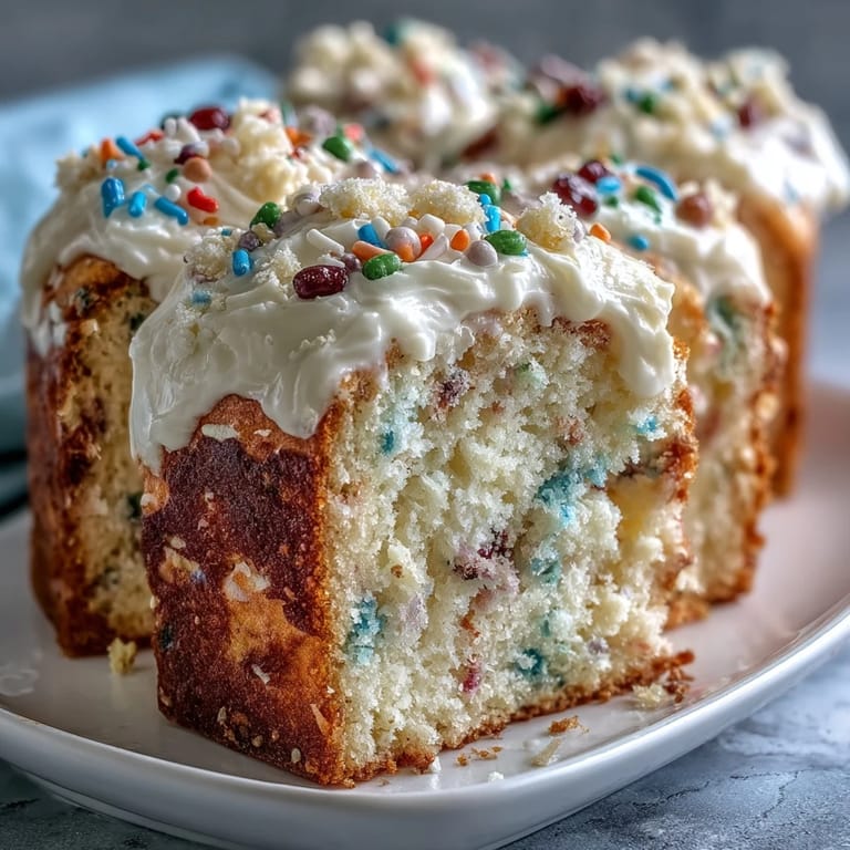 Festive birthday cake featuring moist funfetti layers and sweet dip frosting, decorated with vibrant rainbow sprinkles and edible spring candies.