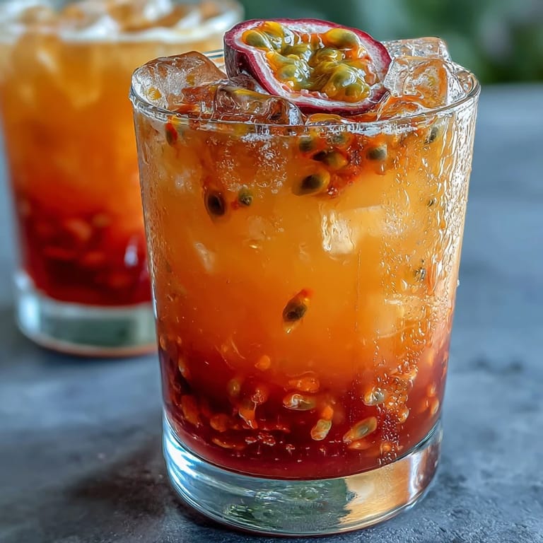 A colorful non-alcoholic beverage featuring passionfruit, orange, and pineapple juices, beautifully layered to resemble a sunrise and garnished with fresh mint and orange slices.