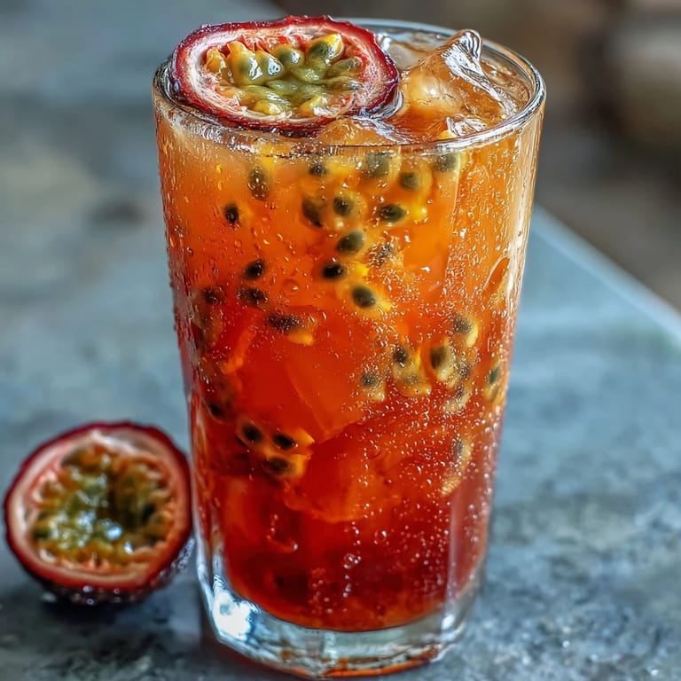 Refreshing Tropical Sunrise Mocktail made with passionfruit and orange juices, creating a stunning gradient effect, perfect for summer gatherings or brunch with friends.
