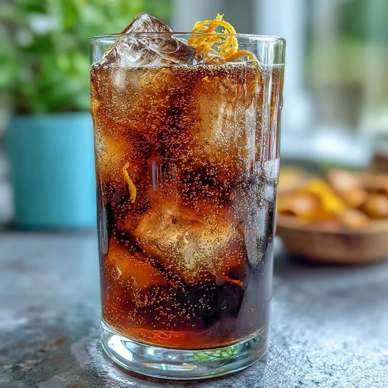 Elegant brunch beverage in a clear glass, showcasing layered cold brew coffee tonic with citrusy orange zest and plenty of ice cubes.