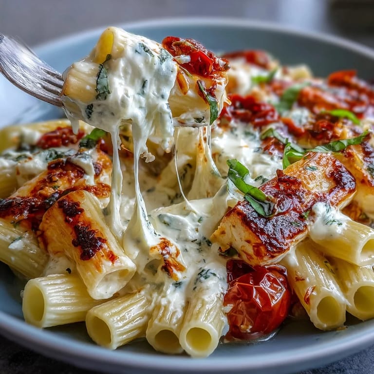 Golden baked feta and burst cherry tomatoes create a luscious sauce for pasta, topped with fragrant basil leaves.