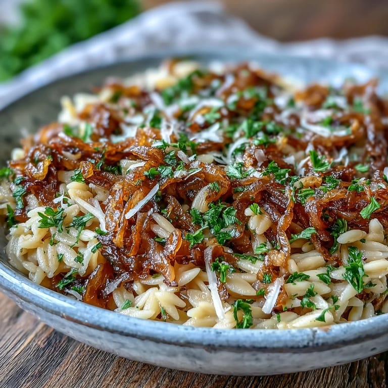 Savory orzo tossed with sweet, slow-cooked onions, ready to serve.