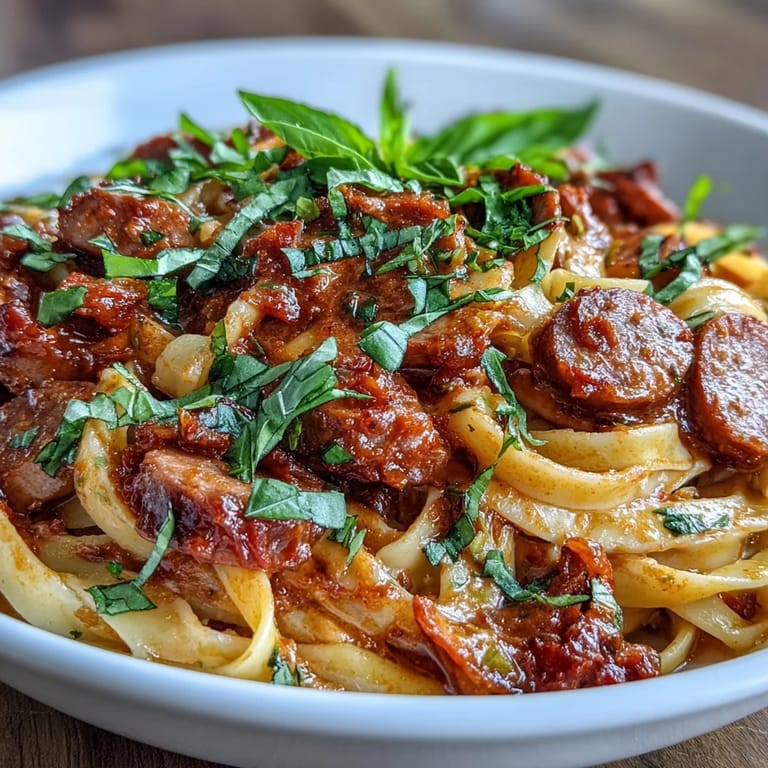 Hearty Italian-inspired sausage pasta, smothered in creamy tomato sauce, ready to serve.