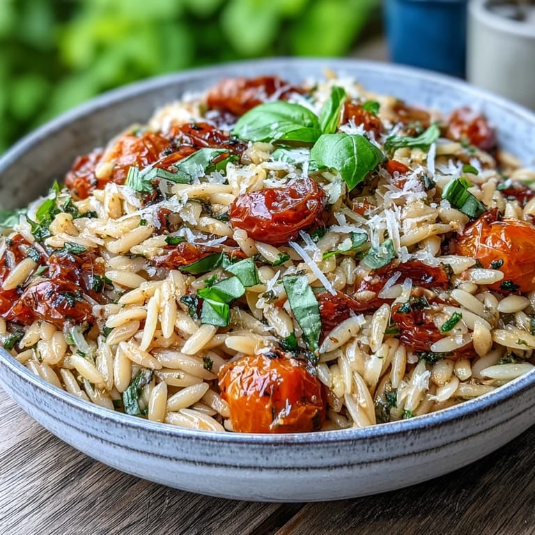 Quick and easy pesto orzo, a delightful Italian pasta dish topped with fresh basil.