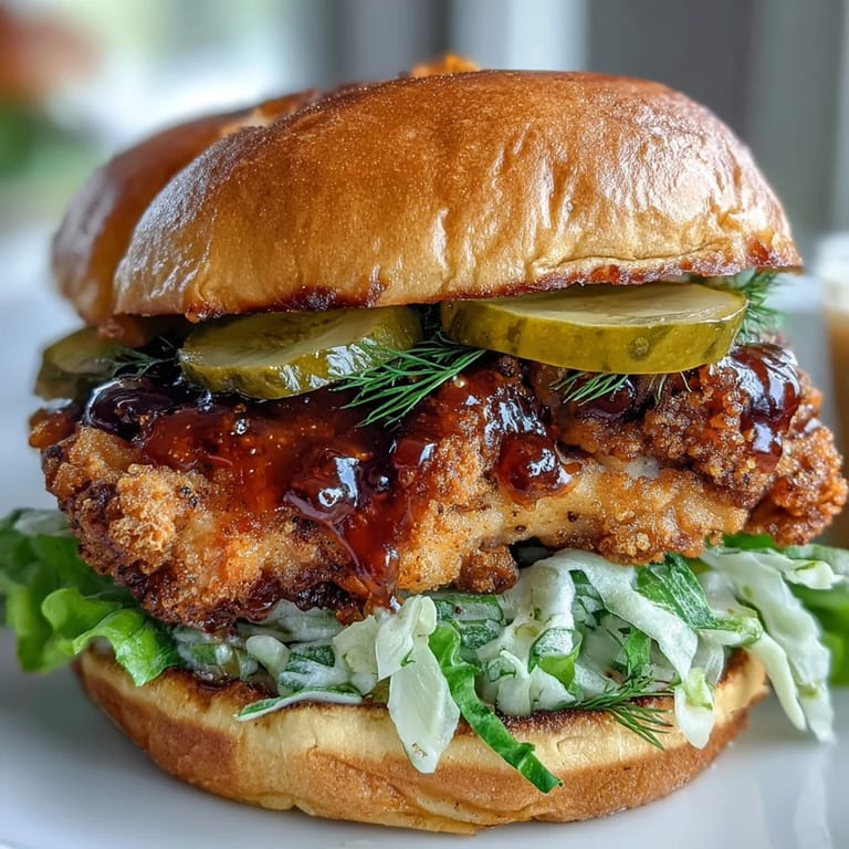 Assembled hot honey chicken sandwich, a savory, sweet, and spicy delight.