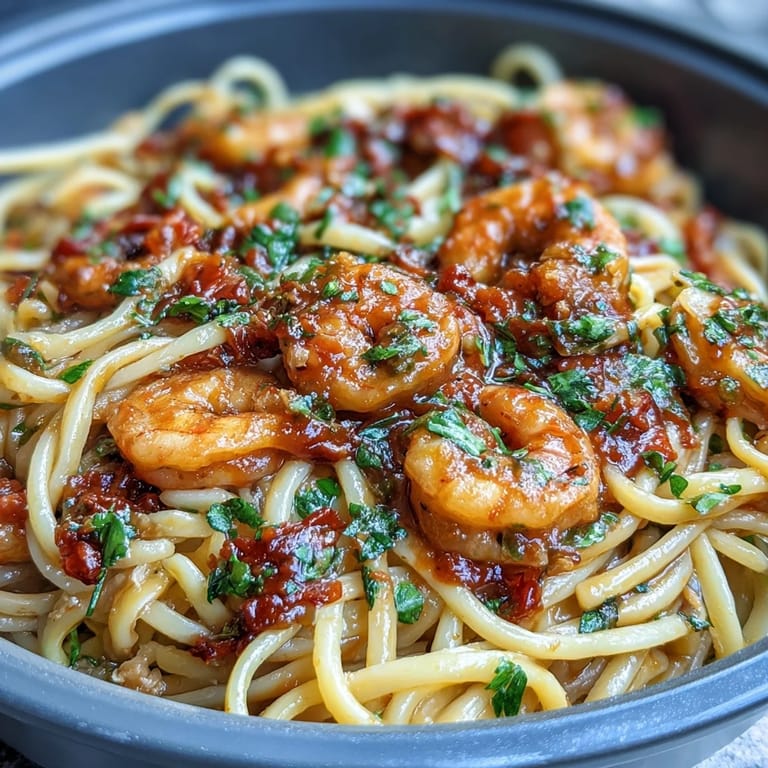 A vibrant plate of Garlic Butter Shrimp Buldak Pasta, ready to be devoured.