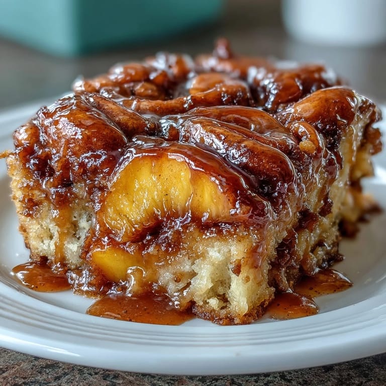 Decadent peach cobbler cinnamon roll casserole topped with gooey icing.