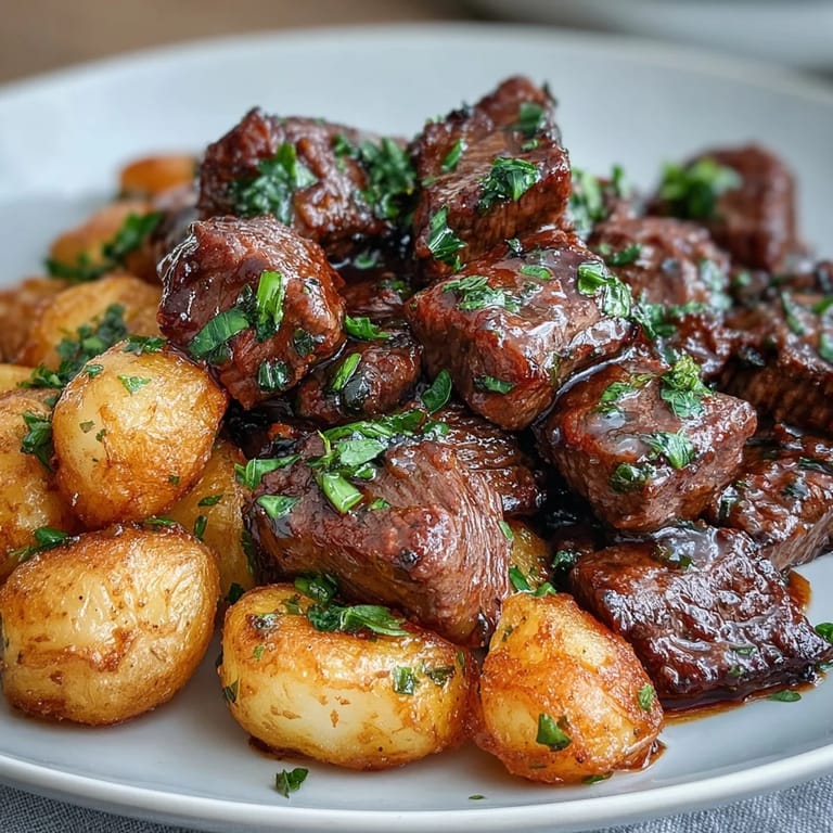 Flavorful Garlic Butter Steak Bites and Potatoes ready to serve hot.