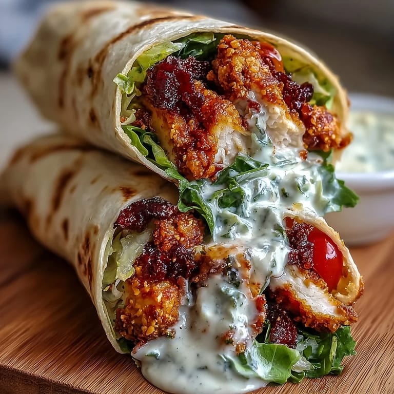 A satisfying Crispy Chicken Buldak Caesar Wrap piled with fresh greens.