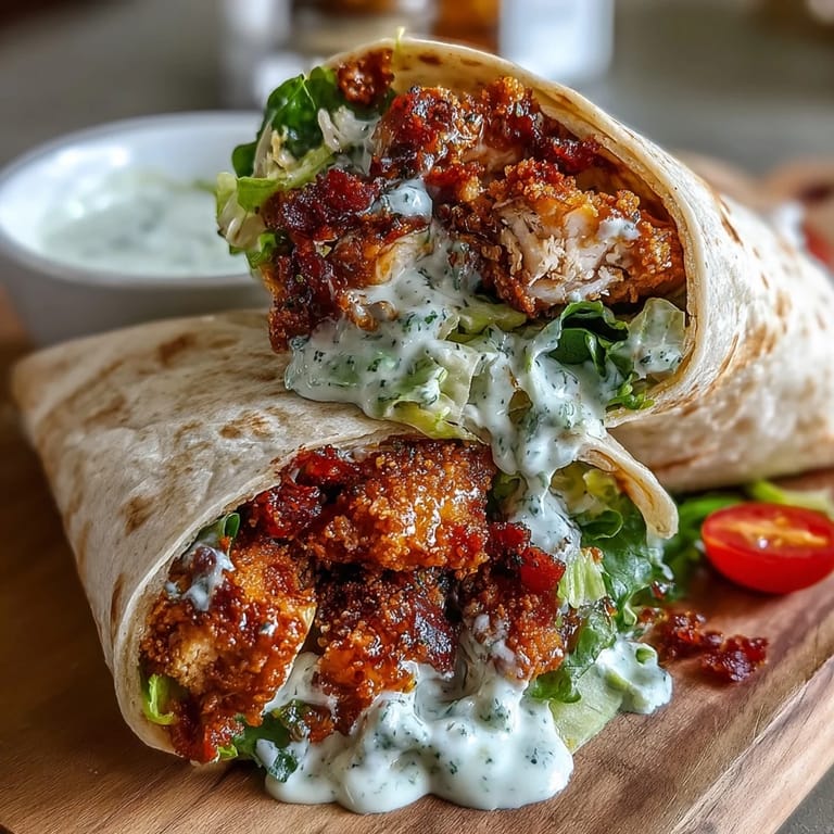 Enjoy this flavorful Crispy Chicken Buldak Caesar Wrap, a hearty meal.