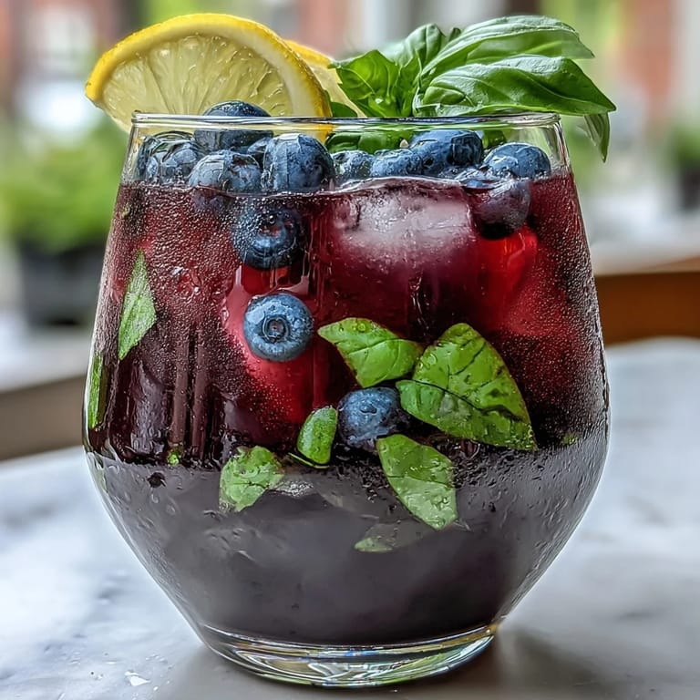 Refreshing blueberry lemon basil lemonade with fresh basil garnish, perfect for parties.
