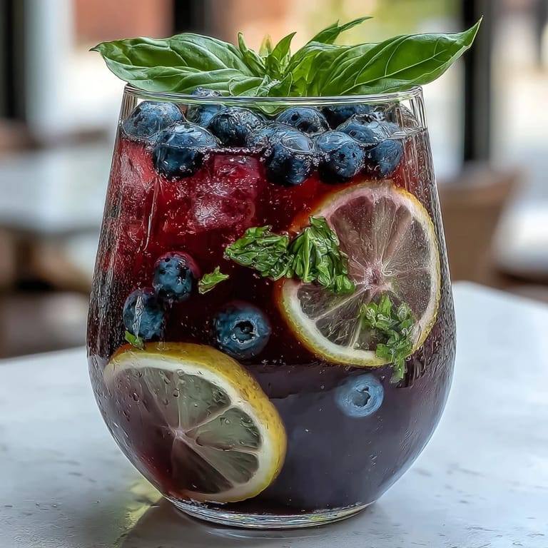 Sweet and tart blueberry lemon basil lemonade, a beautiful bright blue drink.