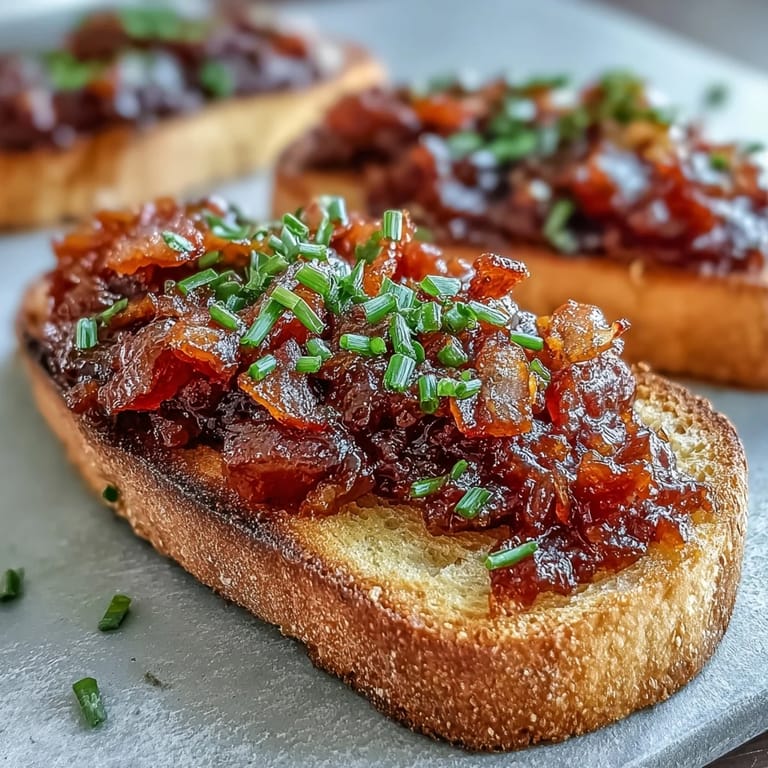 Deliciously caramelized brown sugar tomato bacon jam toasts with fresh herb garnish.