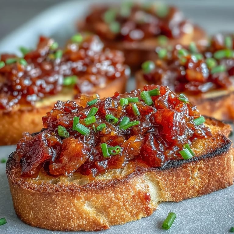 Appetizing photo of warm brown sugar tomato bacon jam toasts ready to enjoy.