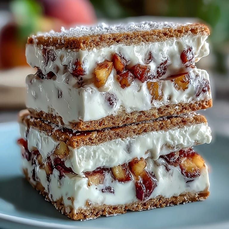 Close-up of a soft frozen peach yogurt sandwich, showing fruit chunks and cracker layers.
