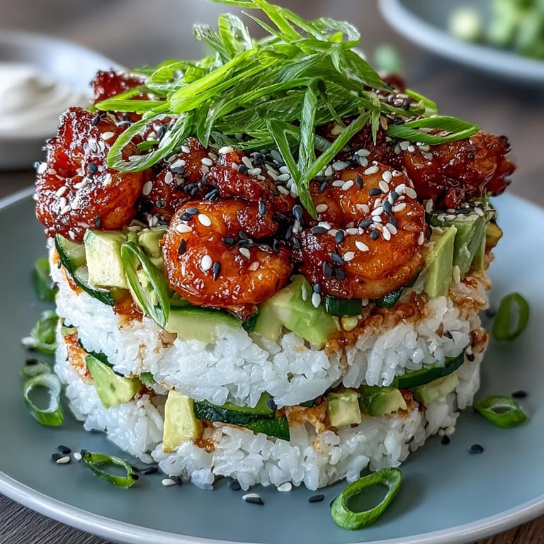 Deconstructed spicy shrimp sushi stack, an elegant layered rice dish, ready to enjoy.