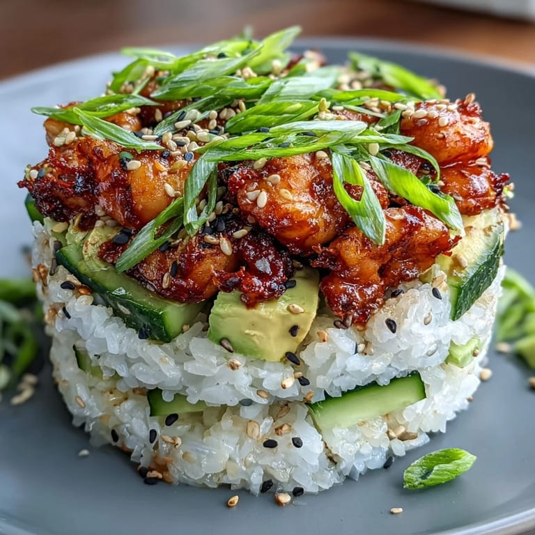 Vibrant spicy shrimp sushi stack, a fresh, deconstructed seafood tower with sesame seeds.
