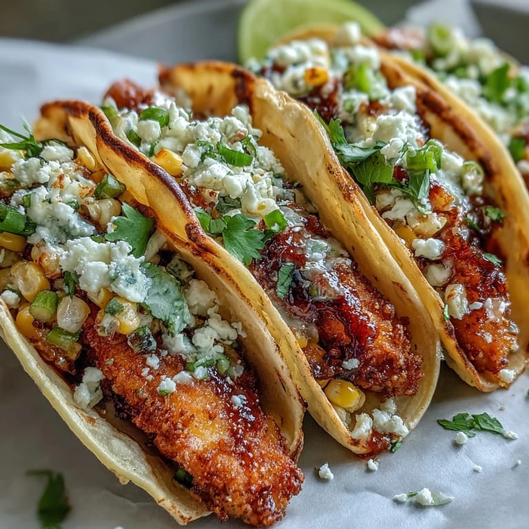 Spicy street corn tacos feature tender fried chicken nestled in warm tortillas.
