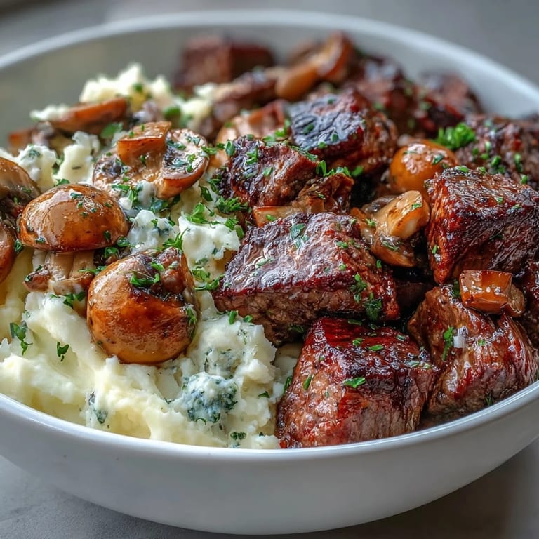 Savory steak and mushroom potato bowls, finished with rich garlic butter sauce.