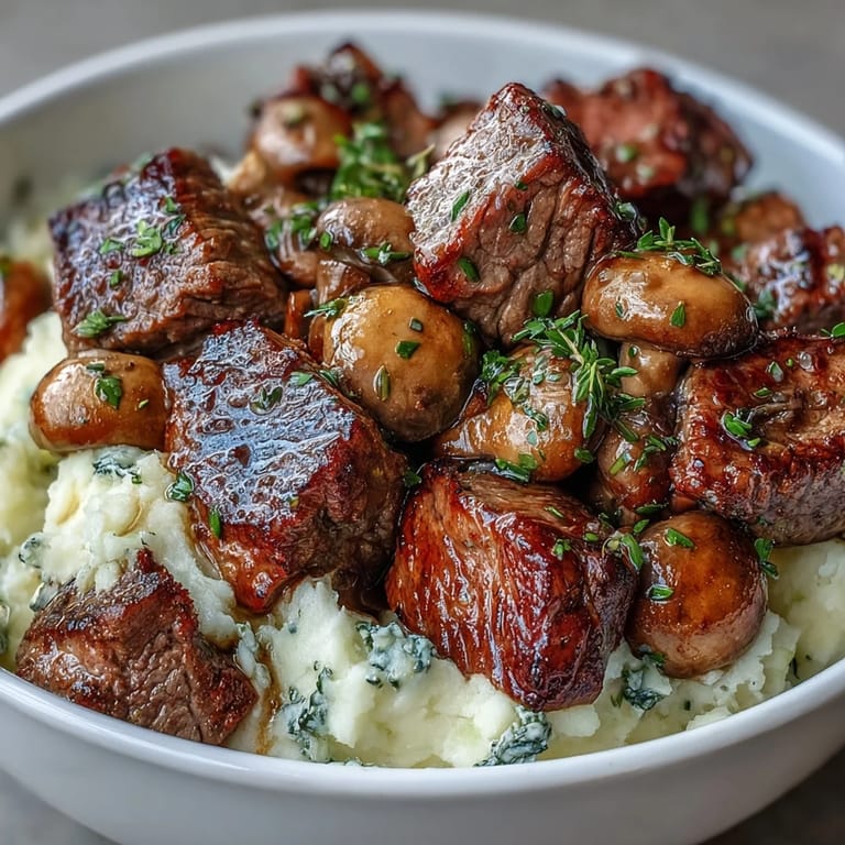 Delicious Garlic Butter Steak and Mushroom Potato Bowls, a satisfying dinner plate.