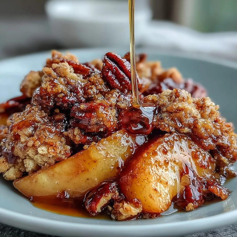 A luscious dessert, this Maple Bourbon Peach and Apple Crisp is topped with pecans.