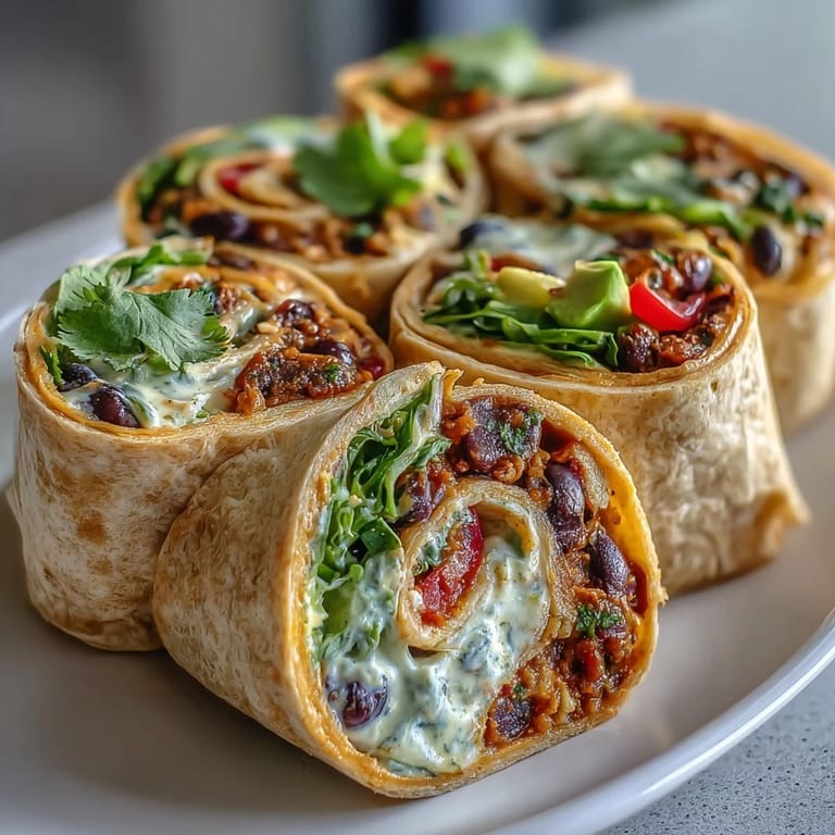 Creamy and hearty sweet potato black bean pinwheels, perfectly rolled for easy finger food enjoyment.