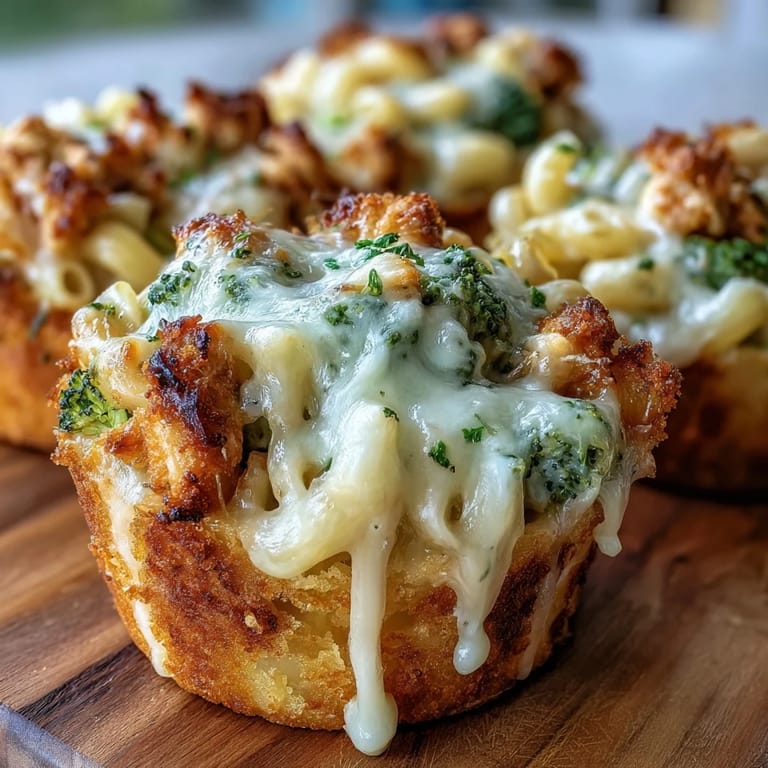 Tender chicken and broccoli nestled in creamy cheese pasta cups, perfect for lunch.