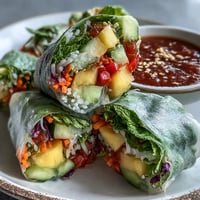 Bright, colorful Vegan Mango Avocado Spring Rolls with sweet chili dipping sauce on a plate.