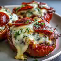 Golden-baked Keto Pizza Stuffed Peppers topped with bubbly mozzarella, pepperoni, and fresh basil, ready to serve.