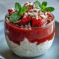 A jar of Strawberry Chia Seed Pudding with Coconut Milk layered with pink puree and creamy pudding, topped with fresh berries.
