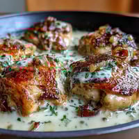 Creamy Pepperoncini Chicken Skillet with golden chicken thighs in a tangy, garlicky cream sauce, garnished with sliced pepperoncini.