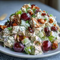 A colorful vegan chicken salad with crunchy almonds, juicy grapes, and creamy dressing served on a croissant.