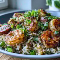 Hearty Cajun dirty rice with juicy shrimp and sausage, served in a cast iron skillet with fresh green onions.  