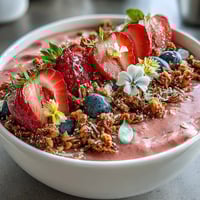 Vibrant strawberry smoothie bowl topped with crunchy granola, fresh berries, and coconut flakes for a festive Galentines brunch.  