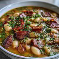 Hearty ham and butter bean soup with tender beans, smoky ham, and fresh herbs in a rich broth.
