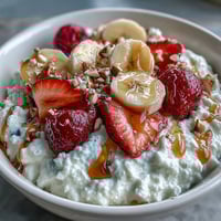 A colorful cottage cheese fruit bowl topped with fresh strawberries, banana slices, and a golden honey drizzle.