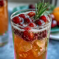 A refreshing orange cranberry sparkler with rosemary, perfect for festive gatherings and holiday brunches.