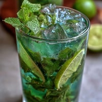 A vibrant virgin green mojito with fresh lime, mint, and cucumber slices, served over ice for a refreshing summer drink.