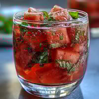 A vibrant pitcher of watermelon mint infused water, showcasing fresh cubes and aromatic mint leaves in chilled, clear liquid.