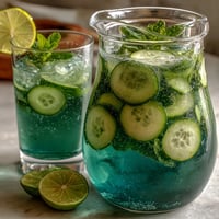 A tall glass of cucumber mint sparkling water with fresh cucumber slices and mint leaves, ideal for a refreshing summer drink.