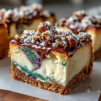 Vibrant King Cake Cheesecake Bars with purple, green, and gold swirls on a cinnamon graham crust, perfect for Mardi Gras celebrations.